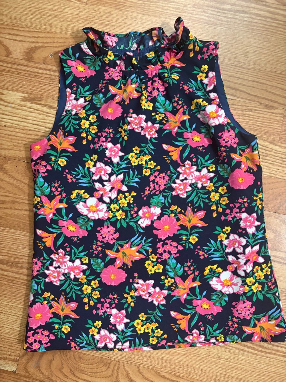 J. Crew Navy Floral Ruffle Neck LINED Shell with Pink & Yellow Blooms Size XXS